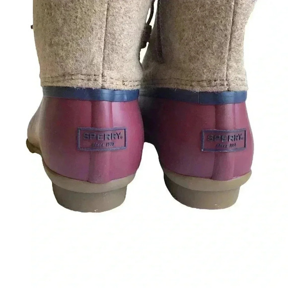 Sperry Saltwater Wool Womens 7 Rain Duck Boots Tan Burgundy Lace Up Fall Winter - Picture 6 of 8
